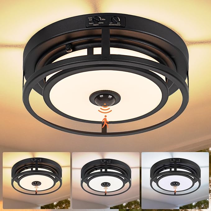 LED Motion Sensor Outdoor Ceiling Light Flush Mount Porch Ceiling Light | 12 Inch Black Ceiling Light Fixtures, Dusk to Dawn Outdoor Light Waterproof, 3CCT 3000K/4000K/5000K for Porch Garage Patio