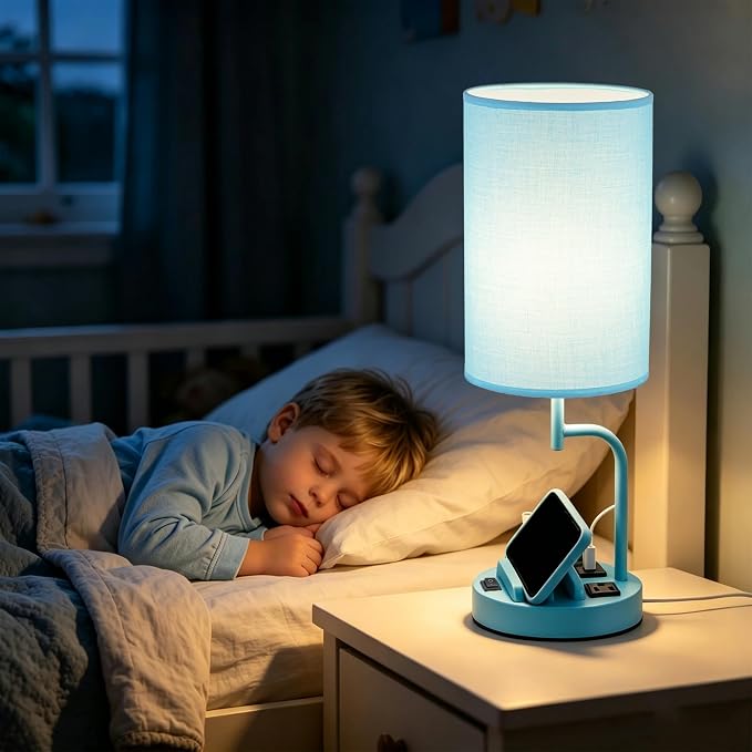 Dreamholder 2 Pack Table Lamp, Bedside Lamp with 3 USB Charging Ports & AC Outlet, USB Desk Lamp with 2 Phone Holders, Linen Fabric Shade Nightstand Lamps for Bedroom Living Room Office, Lake Blue