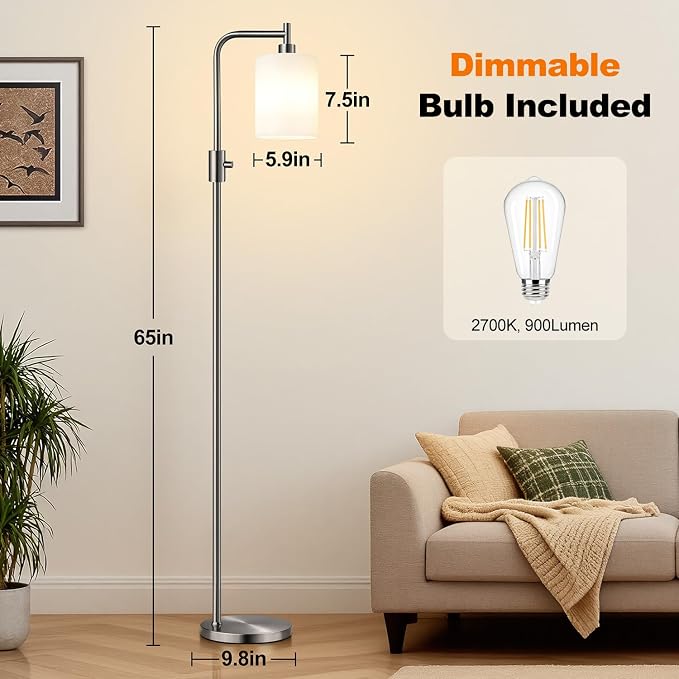 【Upgraded】 Dimmable Floor Lamp for Living Room with Opal Glass Lampshade, Brushed Nickel Modern Floor Lamp with 900LM LED Bulb Included, Standing Tall Lamp for Bedroom, Office, Reading Room, Corner