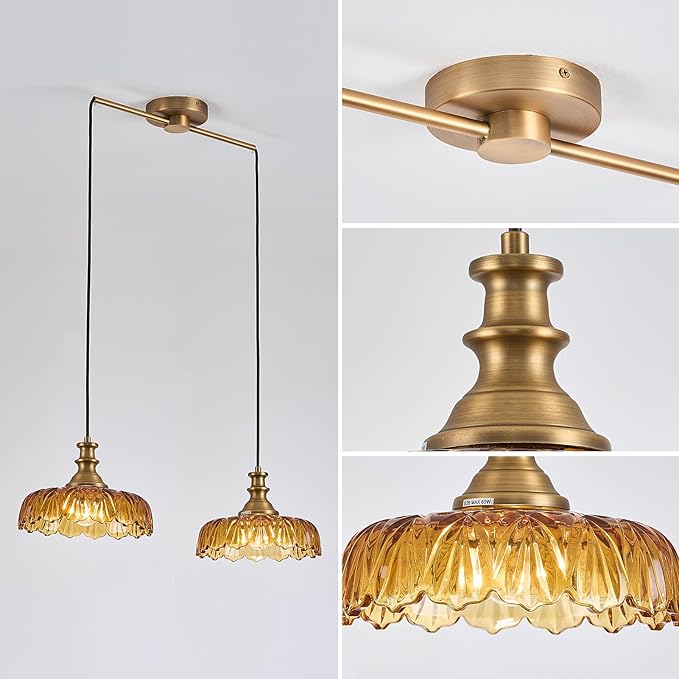 HDDFL Vintage Pendant Lighting Fixtures Modern Glass Hanging Lamp with Adjustable Cord for Kitchen Island Dining Room Hallway 2 Light Brass and Amber