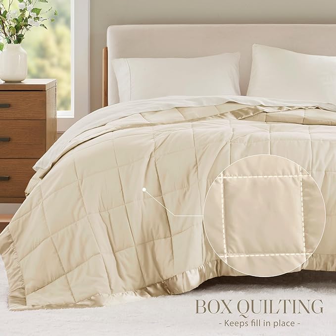 Madison Park Windom Down Alternative Blanket, Premium 3M Scotchgard Moisture Wicking Treatment, Lightweight and Soft Bed Cover For All Season, Satin Trim, Cream Full/Queen