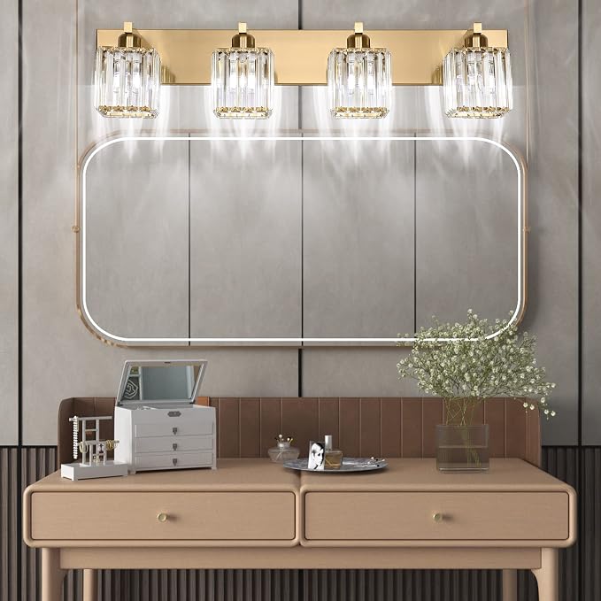 Aipsun Bathroom Lighting Fixtures Modern Crystal Vanity Light Brass 4 Light Bathroom Vanity Light (Exclude Bulb)