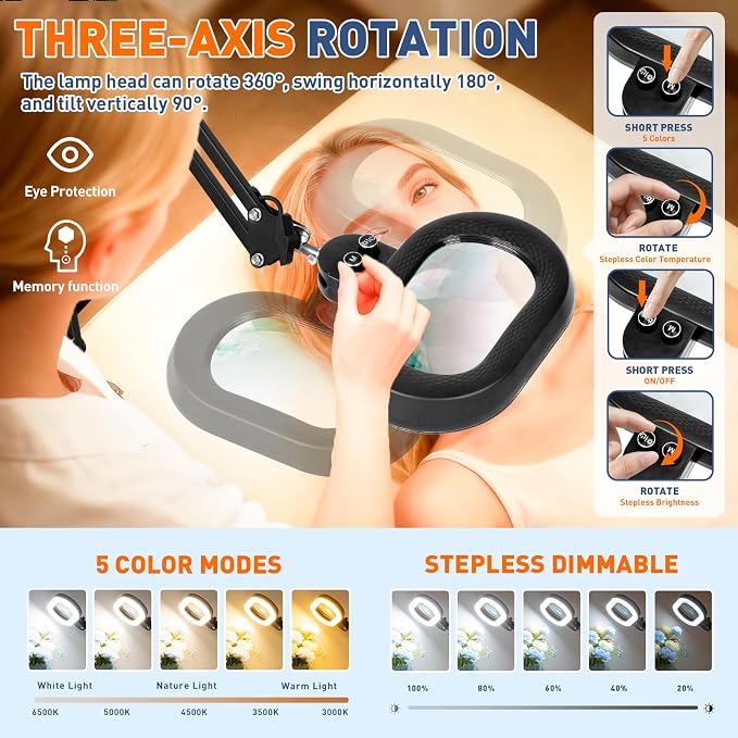 KIRKAS 12X Magnifying Glass with Light, 3-axis Rotation Magnifying Lamp | 35in Long Arm LED Lighted Magnifier Real Glass Lens for Repair Craft Sewing Workbench, Knob Stepless Dimming and Color