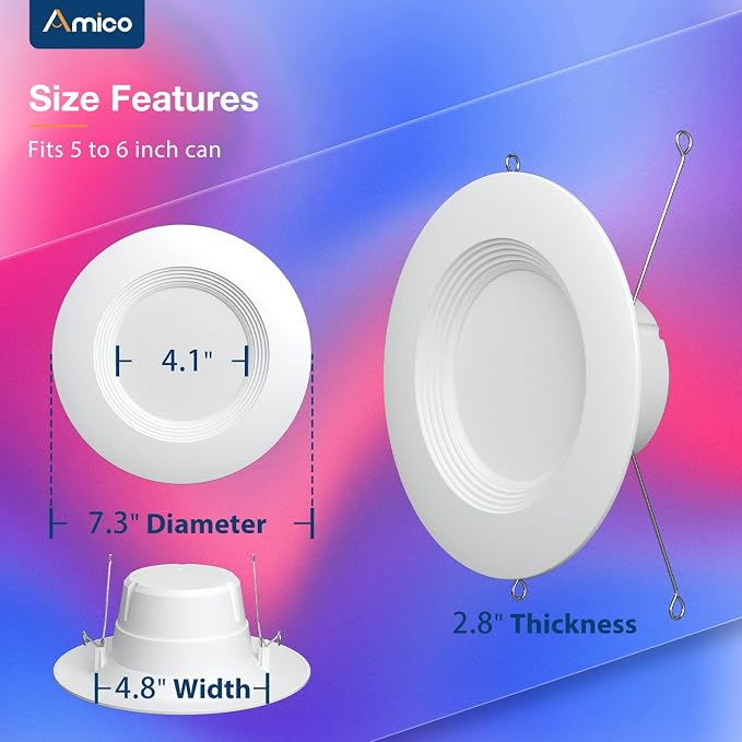 Amico 6 Pack 5/6 Inch Smart WiFi LED Recessed Can Lights, IC & ETL | 12W=110W 1100LM, RGBCW Color Changing Retrofit Recessed Lighting, Baffle Trim, APP Control, Dimmer Compatible