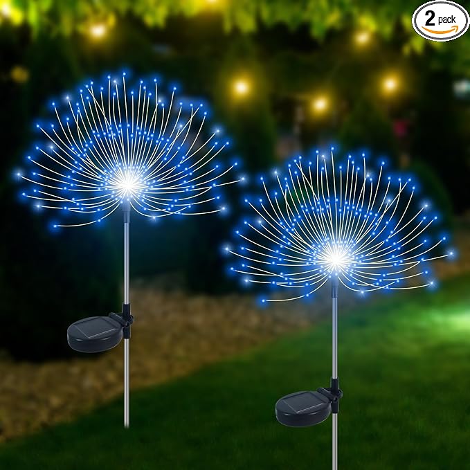 Slyuexu Solar Garden Lights Outdoor Waterproof, 2 Pack 120 LED | Solar Firework Lights Decorative Garden Décor Outside for Flowerbed Pathway Party Christmas Halloween Decorations, Blue