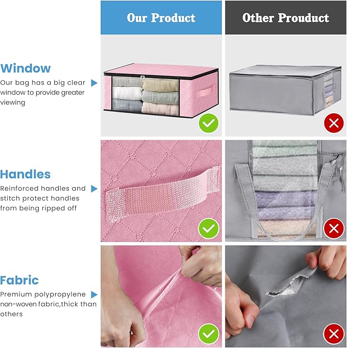HomeHacks 3-Pack Clothes Organizer Storage Bags, 35L Storage Bins, Pink | Foldable Storage Box Container with Zippers, Clear Window, Reinforced Handles for Closet, Dorm, Pillows, Bedding, Sweater