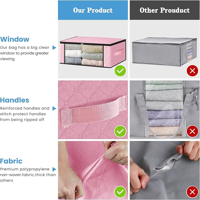 HomeHacks 4-Pack Clothes Organizer Storage Bags, 35L Storage Bins, Pink | Foldable Storage Box Container with Zippers, Clear Window, Reinforced Handles for Closet, Dorm, Pillows, Bedding, Sweater