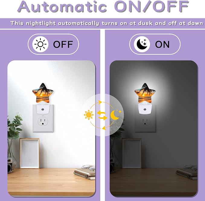 Beach Palm Trees Night Lights Plug Into Wall,Beautiful Sunset Dusk to Dawn Light Sensor Night Light for Kids,Energy Efficient Sleep Friendly Lamp for Bedroom Bathroom Nursery