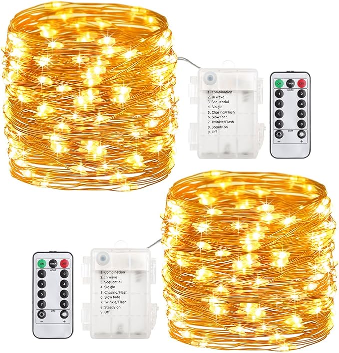 GDEALER 2 Pack 20 Ft 60 LED Fairy Lights, Battery-Operated, Warm White | Remote Control, Timer, 8 Lighting Modes, 10 Brightness Levels, Flexible Copper Wire Twinkle Lights for Bedroom, Party Decor