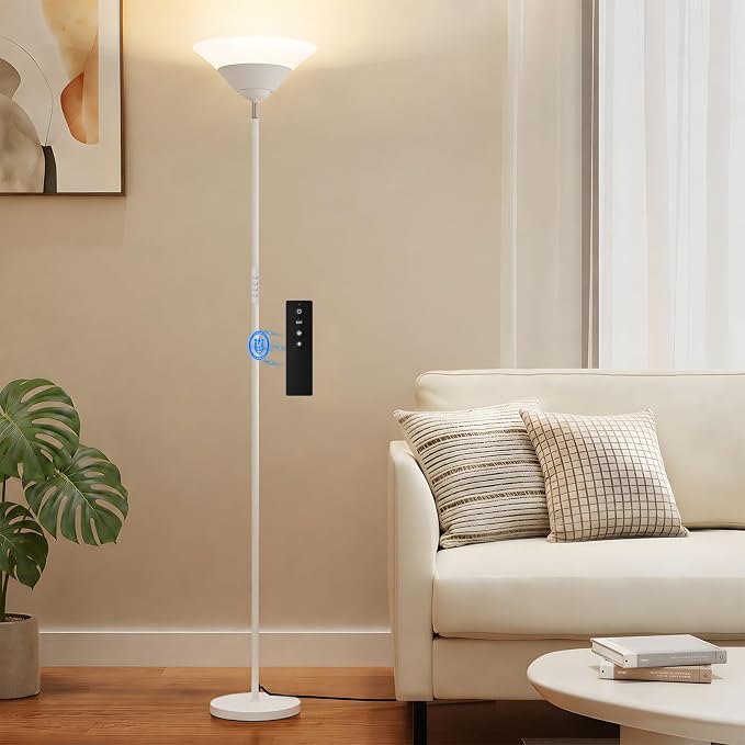 Torchiere Floor Lamp, 30W Dimmable LED Standing Lamp with Remote/Button Control, 1800Lm, 3000-6500K, 72in Bright Standing Pole Light for Living Room Bedroom Office Corner, White
