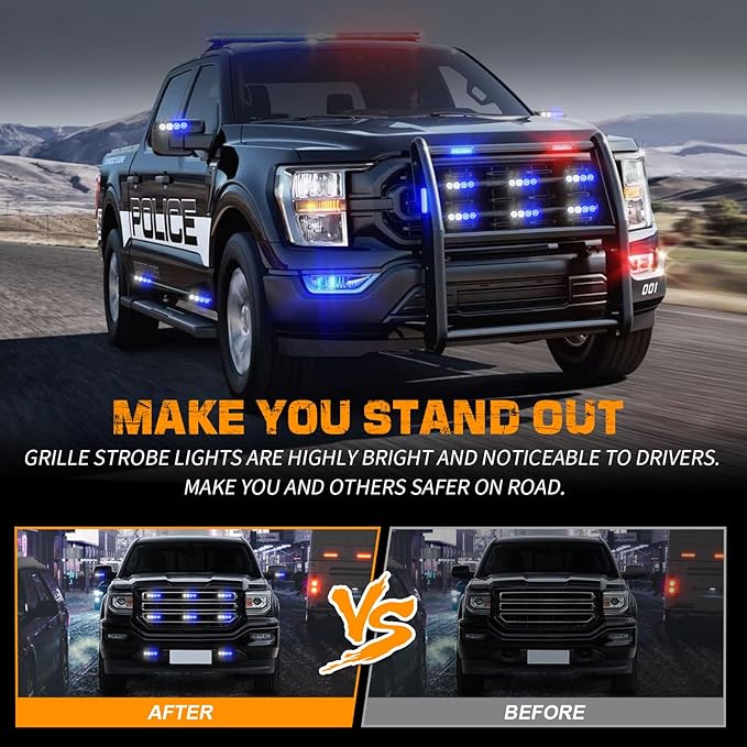 XRIDONSEN 8PCS Sync Blue White Grill Emergency Lights 32 LED Surface Mount Firefighter Police Lights Strobe Flashing Warning Safety Hazard First Responder Light for Vehicles Firefighters POV Trucks