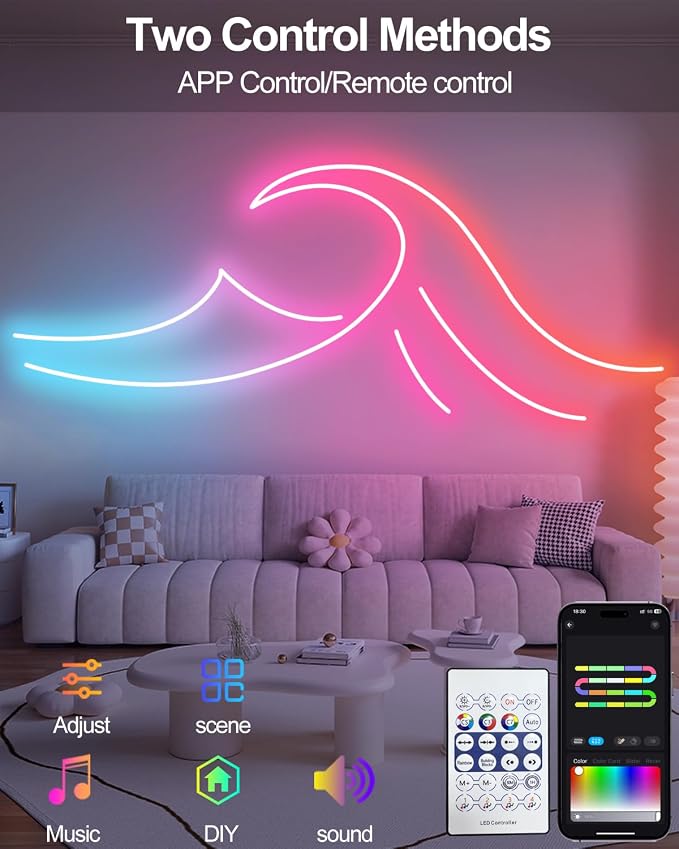 16.4Ft Smart Neon Rope Lights USB, LED Rope Lights IC & RGB Color Changing | Neon Strip Lights Outdoor Waterproof DIY with APP Control Music Sync for Gaming Room Living Indoor Decor
