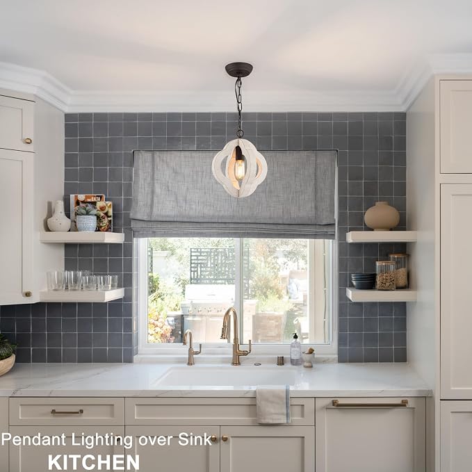 10" Small Farmhouse White Wood Pendant Light for Kitchen Island Over Sink | Distressed White Oak, Rustic Country Style, Rust-Brown Finish, Orb Shape, E26 1-Light, Ajustable Height