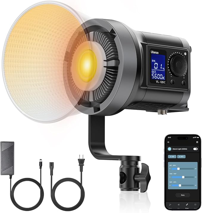 ULANZI 120W Bi-Color LED Video Light, 2700K-6500K 20700 lux/m COB Bowens Mount Photography Studio Light Continuous Output Lighting with APP Control, Adapter and V-Mount for Battery Powered, 6 Effects