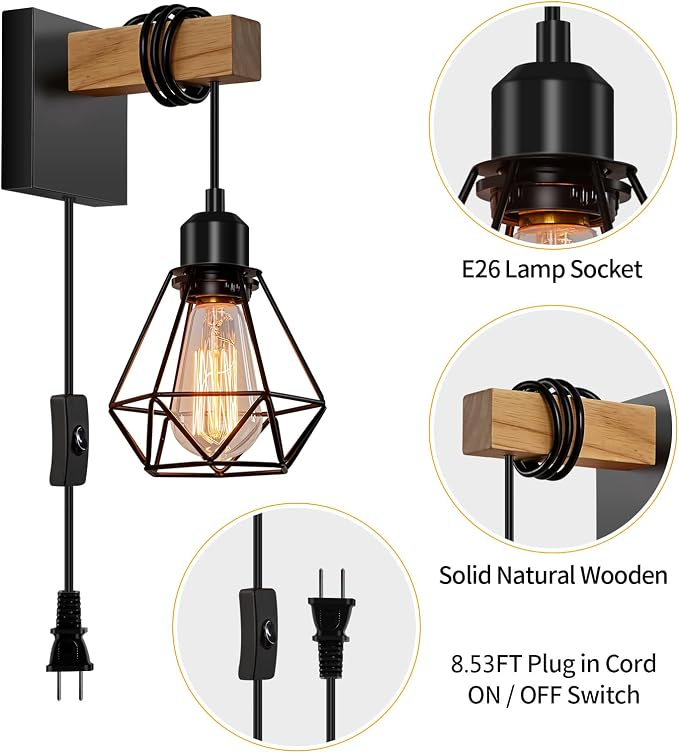 foucasal Plug in Wall Sconces Set of Two, Farmhouse Wall Light Plug in | 8.53FT On/Off Switch Cord, Indoor Rustic Wall Mounted Lamps Set of 2 for Bedroom, Living Room, Bathroom, Entryway, Porch