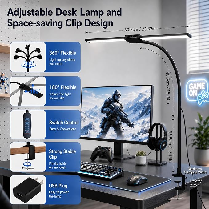 LED Desk Lamp for Home Office, Eye-Care Architect Light with Clamp, Double Head Computer Monitor Table Light with 3 Color Modes 10 Brightness, Adjustable for Reading, Study, Workbench, Black