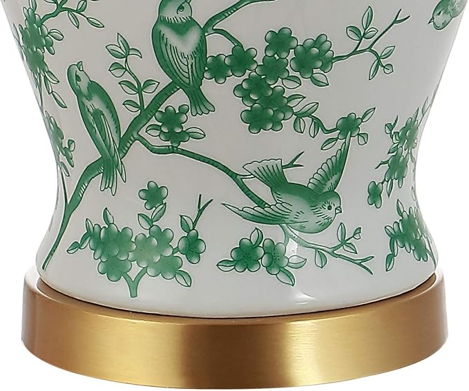 JONATHAN Y Penelope Ginger Jar 22" LED Table Lamp, White/Green | Chinoiserie, Ceramic Metal Construction, French Country Traditional, Linen Empire Shade, Brass Gold, LED Bulb Included