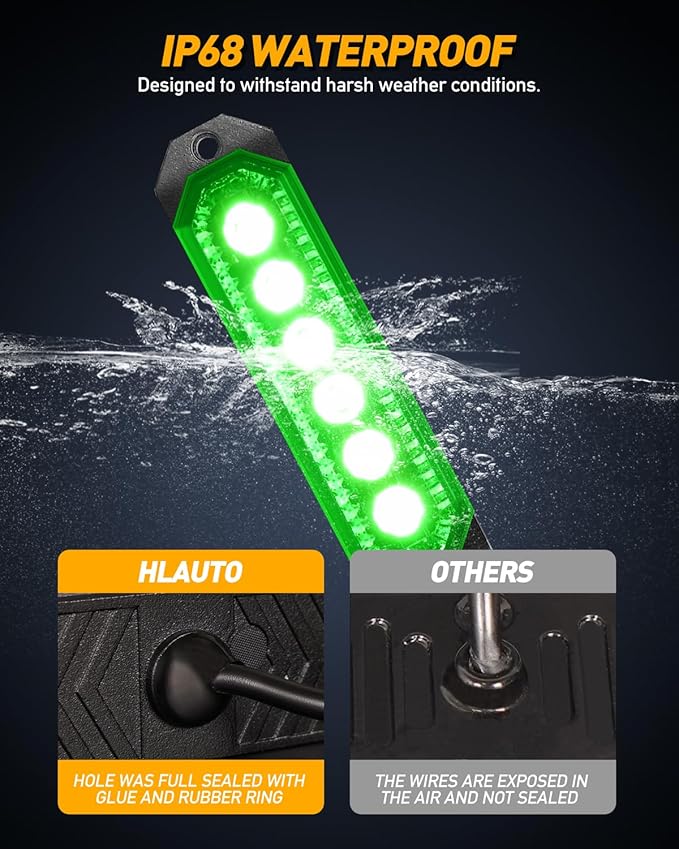 HLauto 406T Emergency Strobe Grille Lights: 4Pcs 6 LED Sync Feature Safety Warning Flashing Light, 12V-24V Ultra Slim Surface Mount Hazard Caution Light for Truck, Vehicle, Car, ATV, UTV (Green)