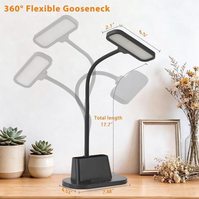 LED Desk Lamp for Dorm Small Desk Lamp with Pen Holder 5 Color Modes Black | Dimmable Touch Control, USB Charging Port, Eye-Caring Reading Light for Home Office Table Study College Room Students