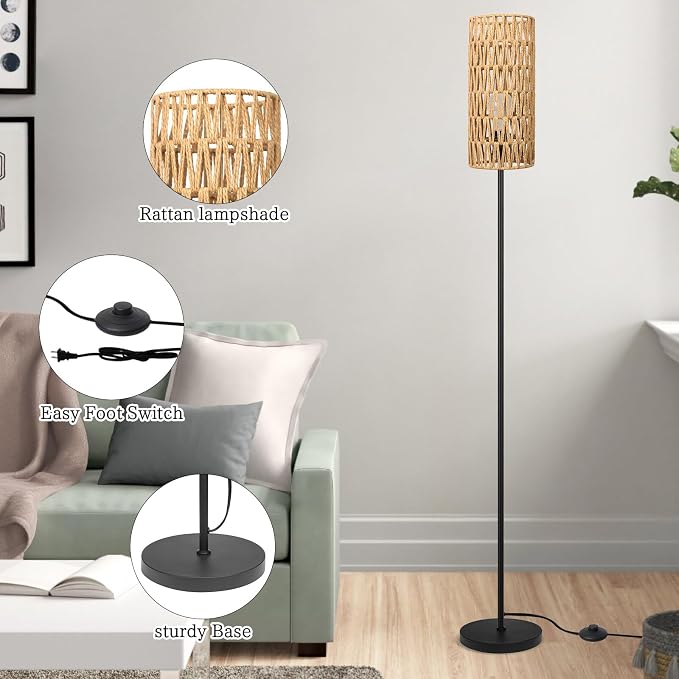 Ruiever Floor Lamp for Living Room,Farmhouse Rattan Floor lamp,Modern Standing lamp with Hand-Worked Rattan Shade,Black Tall Lamp with Foot Switch for Bedroom,Kids Room,Office,LED Bulb is Included.