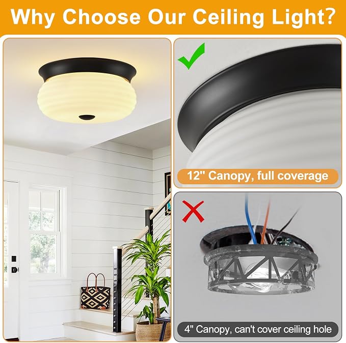 Black Flush Mount Ceiling Light Fixtures, 2-Light Ceiling Mount for Modern with Clear Milk Glass Shade, Industrial Flush Mount Light Fixture Farmhouse for Hallway Kitchen Bedroom Entryway Foyer
