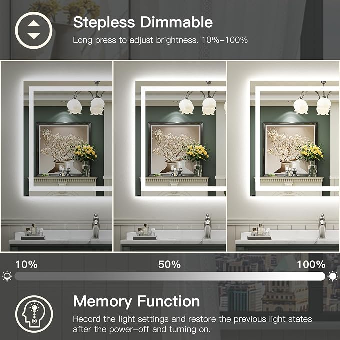 48x40 Inch LED Bathroom Mirror with Lights, Backlit & Front Lit | Anti-fog, 3 Color Dimmable, Memory Function, HD Reflection Tempered Glass, ETL Listed, IP54 Waterproof