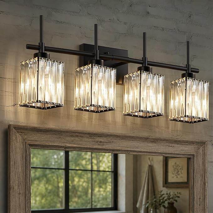 Torondo Modern Crystal Bathroom Vanity Light 4-Lights Matte Black Bathroom Light Fixtures Over Mirror Matte Black Vanity Lighting Fixtures Square Shade Brass Wall Sconce (Bulbs Not Include)