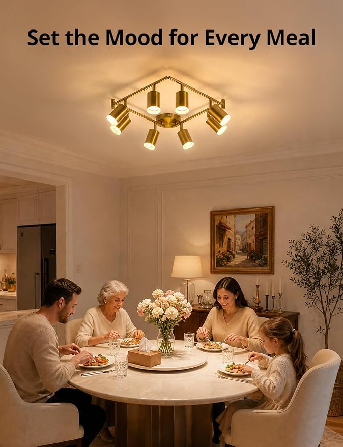 Bojim Gold 8 Light Kitchen Track Lighting Fixtures Ceiling LED Spotlight | Modern Ceiling Light with Acrylic Ring, Flexible Spotlight for Dining Living Bedroom, GU10 Base, Bulbs Not Included