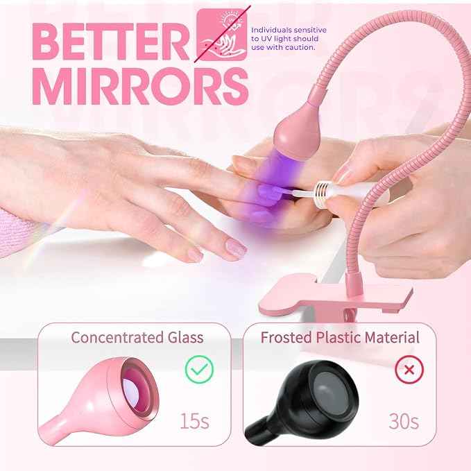 UV Nail Lamp - UV Light for Gel Nails, Flash Cure Lamp | LED Gooseneck Flash Cure Lamp for Nails, Manicure Dryer Black Light with Clamp, 365+395nm 5V 3W 4 Levels Dimming Pink