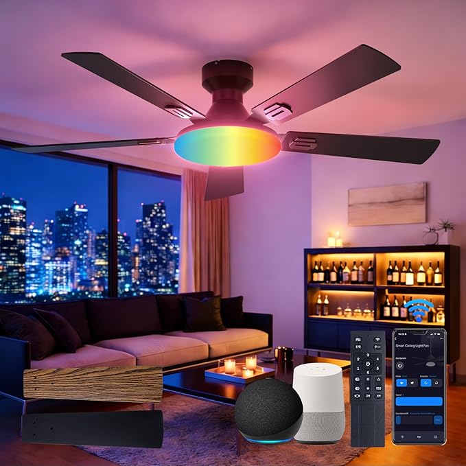 Amico Ceiling Fans with Lights, 52'' Smart RGB Ceiling Fan with Remote/APP/Alexa Control, Flush Mount, Reversible DC Motor, 5 Blades, 6 Speeds, 3CCT, Dimmable, Noiseless, Bedroom, Living Room, Black