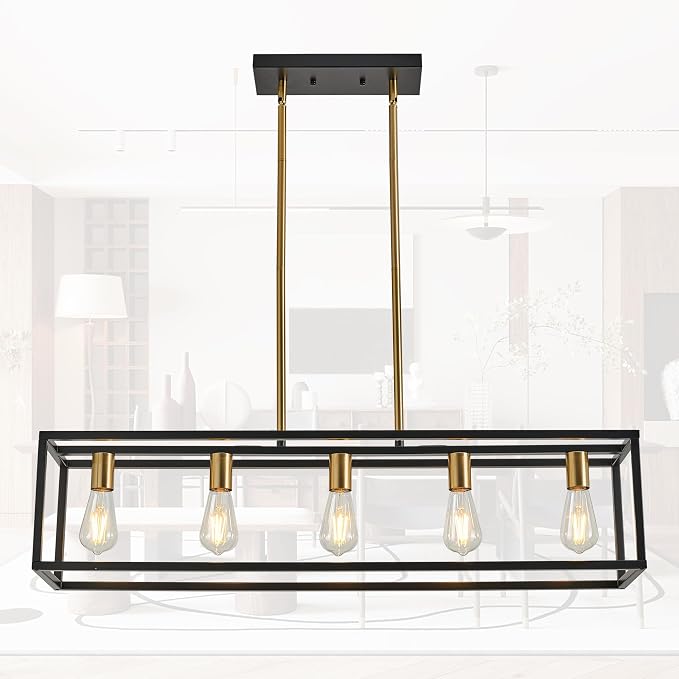 Kitchen Light Fixtures Farmhouse Rectangle Chandeliers Dining Room Light for Dining Rooms, Light Fixture Matte 5-Light Industrial Pendant Lighting