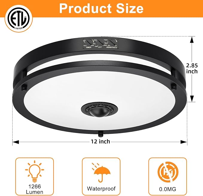 2-Pack 12" LED Motion Sensor Outdoor Ceiling Light, 5CCT, 24W | Dusk to Dawn, 2700K/3000K/3500K/4000K/5000K Dimmable, 4 Lighting Modes, Flush Mount Ceiling Light for Entryway, Garage, Black