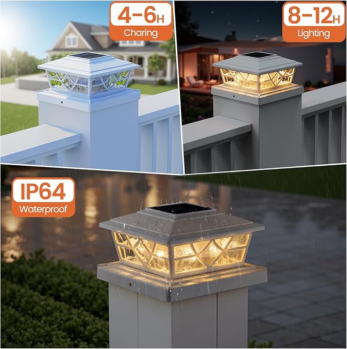 APONUO Fence Post Solar Lights 4 Pack - 5x5 Solar Post Cap Lights White for Vinyl Fence, IP64 Waterproof, Fits 4x4 5x5 6x6 Wood/Vinyl Posts, Auto On/Off, Deck, Patio, Porch & Yard (Warm/Cool White)