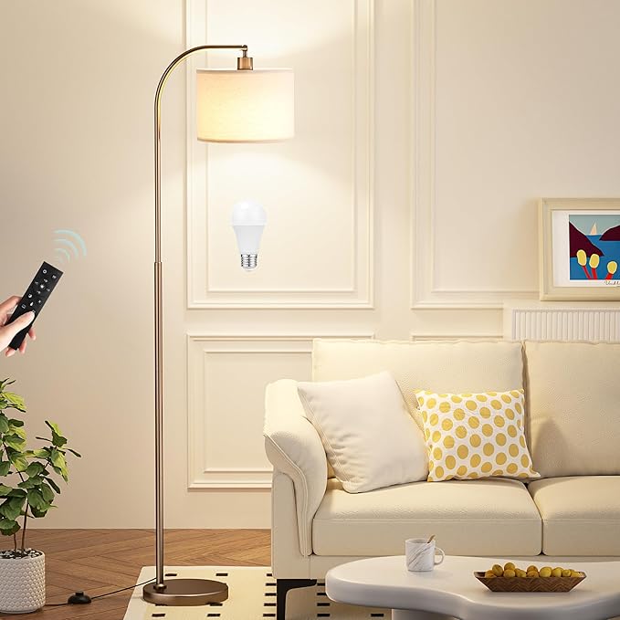 Ambimall Arc Floor Lamp with Remote and Stepless Dimmable Bulb, Colors Temperature & Brightness Adjustable, Floor Lamps for Living Room（Deep Beige Shade & Brown Pole）