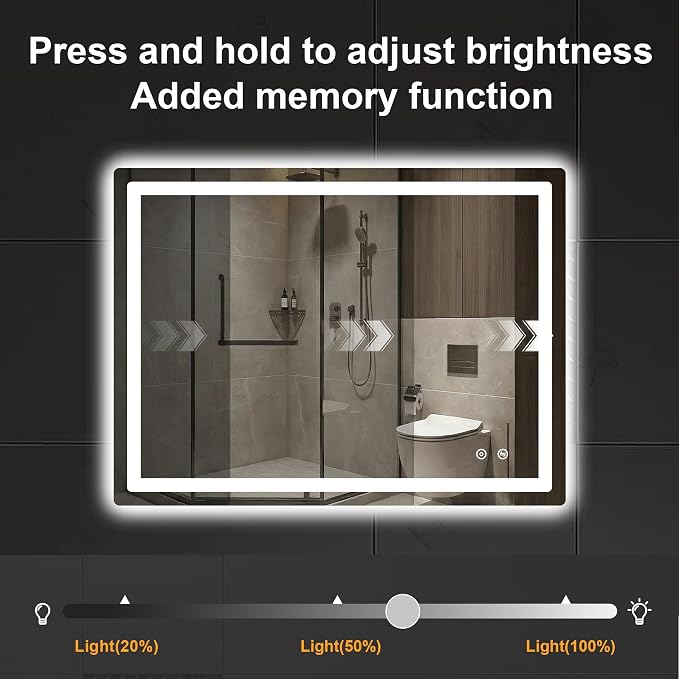 LED Bathroom Mirror with Lights, 30 x 40 Lighted Vanity Wall Mirror | Backlit and Frontlit, Anti-Fog, Dimmable 3 Colors, Shatter-Proof Tempered Glass, Memory Function, Plug-in/Hardwired