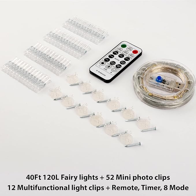 HXWEIYE 120LEDs White Photo Clips String Light, 40Ft Fairy Light with 52 Clear Clips & 12 Hooks on Wall, Timer & 8 Modes USB Powered Copper Wire String Light for hanging picture, Bedroom Wedding Party