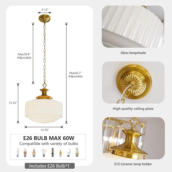 Vintage Brass Milk Glass Pendant Light Fixture, 13.8" White Pleated Glass Chandelier, Antique Pendant Lights, for Kitchen Island Lighting, Hallway, Bedroom, Dining Room, Foyer, E26 Bulb Included