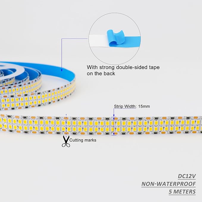 Warm White LED Strip Lights 3000K Double Row DC12V 16.4ft 2400LEDs | 2835 SMD Super Bright Flexible Cuttable LED Strip Tape Light Ribbon Lamp LED Dimmable Strips for Bedroom Lighting