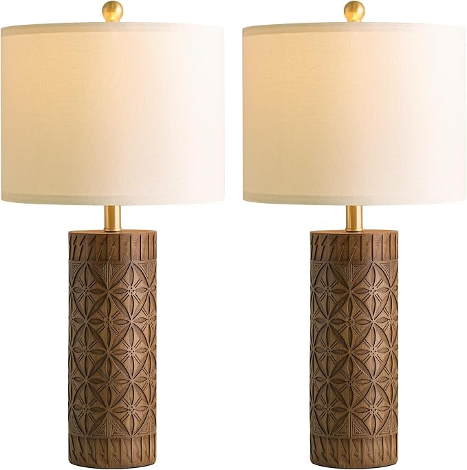 BOBOMOMO 27" Tall Table Lamps Set of 2, Modern Farmhouse Geometric Bedside Lamps, Rustic Wood Grain Resin Nightstand Lamps for Living Room, Bedroom, Entryway, Linen Shade, Cottage Home Decor