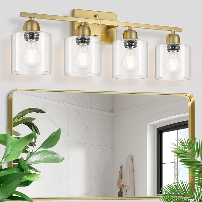 Modern Brushed Gold 4 Light Bathroom Light Fixtures, 24 inch Vanity Lights for Bathroom with Clear Glass, Bathroom Vanity Light for Mirror Kitchen Living Room Hallway Cabinet Porch