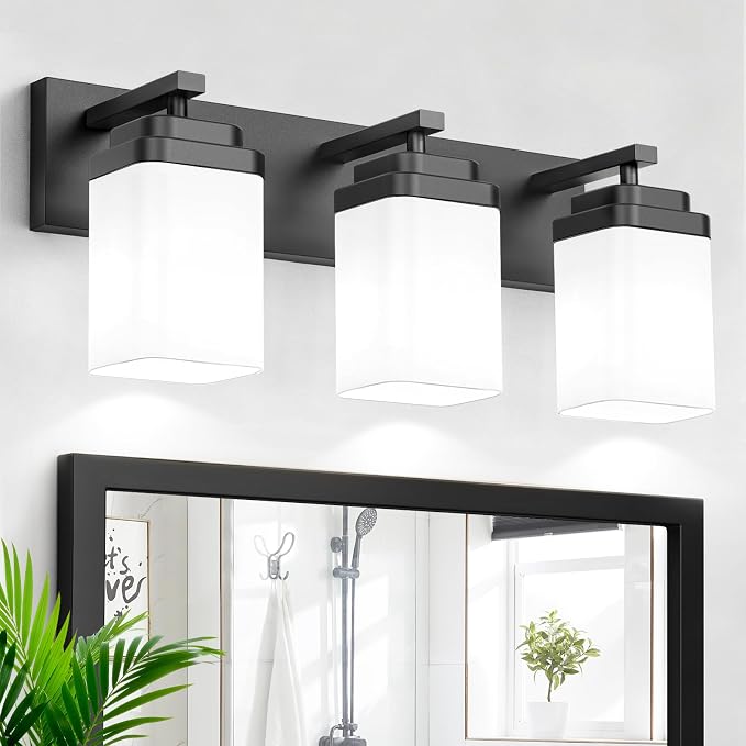 Matte Black Bathroom Light Fixtures, 3 Lights Bathroom Lighting Fixtures Over Mirror, Square Design & Rectangle Large Backplate, Modern Vanity Lighting Fixtures, for Living Room/Bedroom