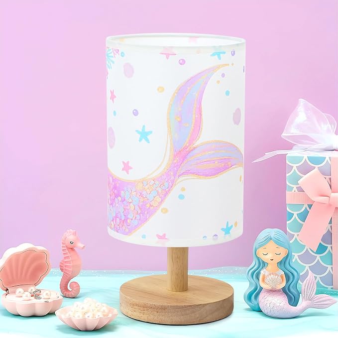Mermaid Table Lamp for Kids Bedroom - Mermaid Tail Pastel Kids Bedside Lamp with Linen Wooden Nightstand Nursery Lampshade for Girls Room Decor