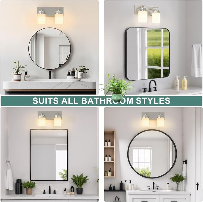 IZORRO Bathroom Vanity Light Fixture, 2-Light 15 Inch Brushed Nickel Bathroom Light Fixtures Over Mirror, with White Glass Shade, Modern Farmhouse Vanity Lights, Rustic Restroom Lighting Fixtures