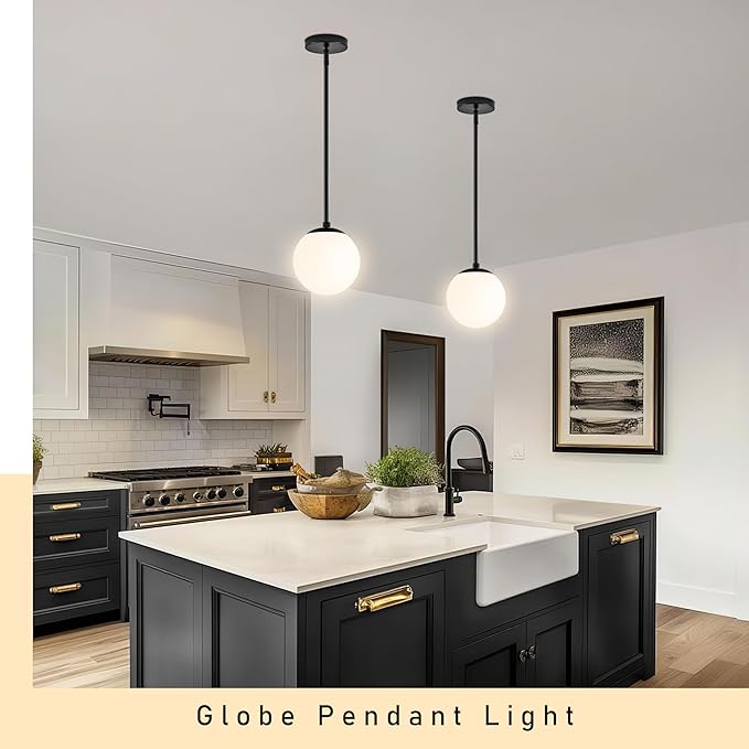 6" Globe Pendant Light Black 2 Pack Mid Century Pendant Light Globe Pendant Lights Kitchen Island Matte Black Finished with Milk Glass Adjustable Ceiling Light Fixtures for Dining Room Bar