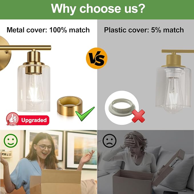 Zarbitta 2-Light Bathroom Light Fixtures, Brushed Gold Vanity Light, Modern Vanity Lights with Clear Glass Shade, Bathroom Wall Lamp for Mirror Kitchen Living Room Hallway Cabinet Porch