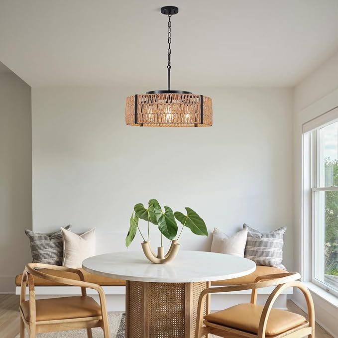 Large Farmhouse Rattan Chandelier, 5-Light 21.6”Boho Chandeliers Light Fixture with Rustic Wicker Hand Woven Pendant Light for Living Room,Kitchen Island Bedroom(E26 Bulbs Not Included)