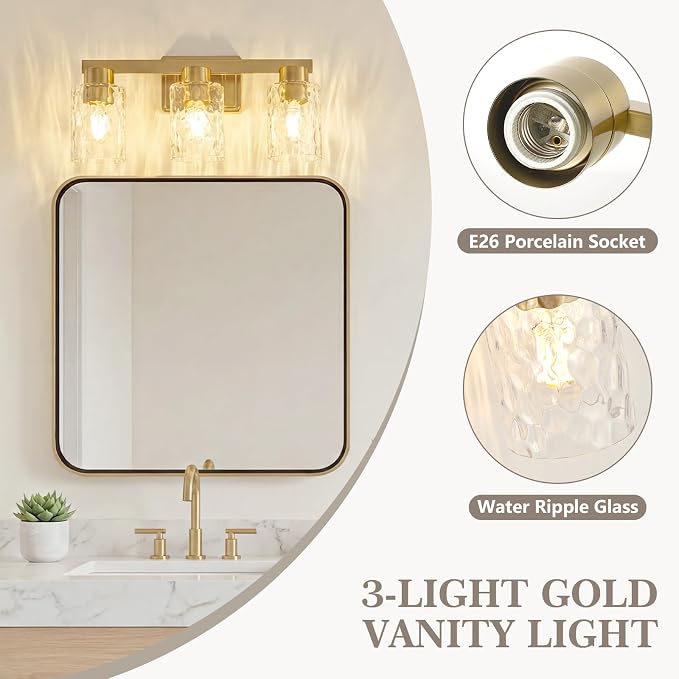 3-Light Bathroom Light Fixtures with Water Ripple Glass, Gold | Vanity Lights, Modern Wall Sconces, Over Mirror for Bathroom, Powder Room, Living Room