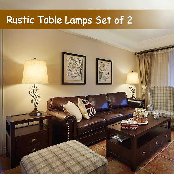 Sheetea 24.5’’ Table Lamps Set of 2 for Bedroom Living Room Bedside, Black | 2 USB Charging Ports, Farmhouse Rustic Style, Unique Leaf Design, Perfect for Bedrooms Nightstand End Tables Decor