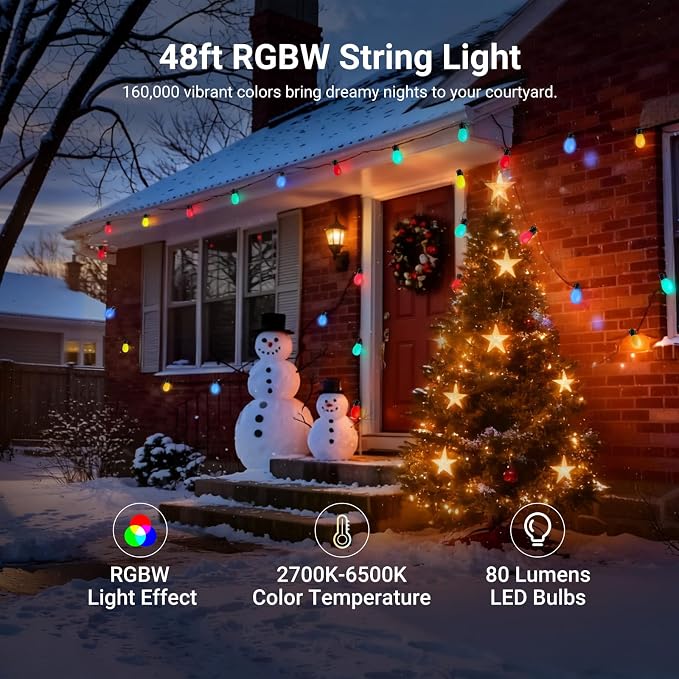 NEEWER 48ft Outdoor String Lights, App Control Smart AI RGBW Hanging, NR01 | Outside Patio Balcony Backyard Holiday Lighting, IP65 Waterproof, 15 LED Bulbs, 50+ Scenes, Compatible with Alexa Google
