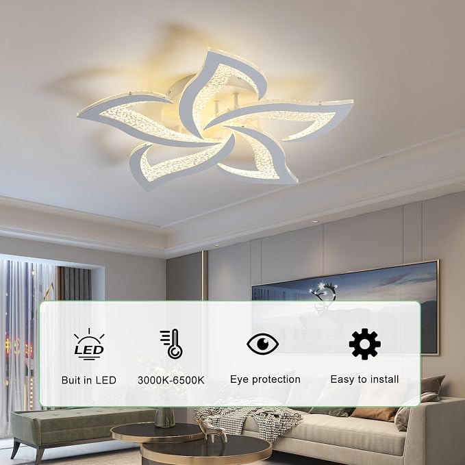 Garwarm 23" Modern Dimmable Flower LED Ceiling Light with Remote, White | Low Profile Flush Mount Ceiling Light Fixture,3000K-6500K with Memory for Bedroom, Living Room, Dining Room, Kitchen, Hallway